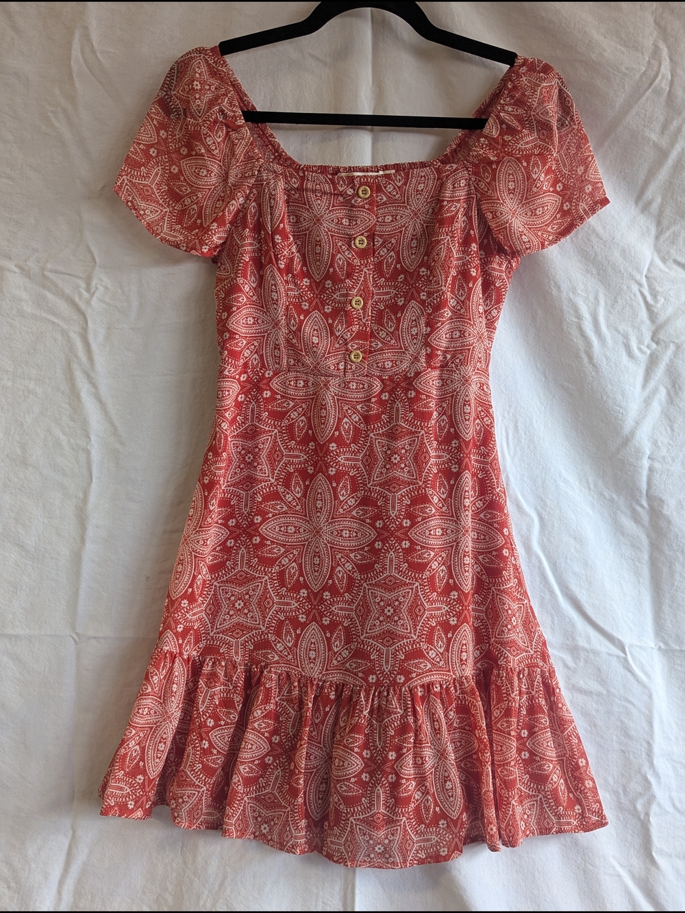 Women's Red Printed Ruffle-Hem Short Dress